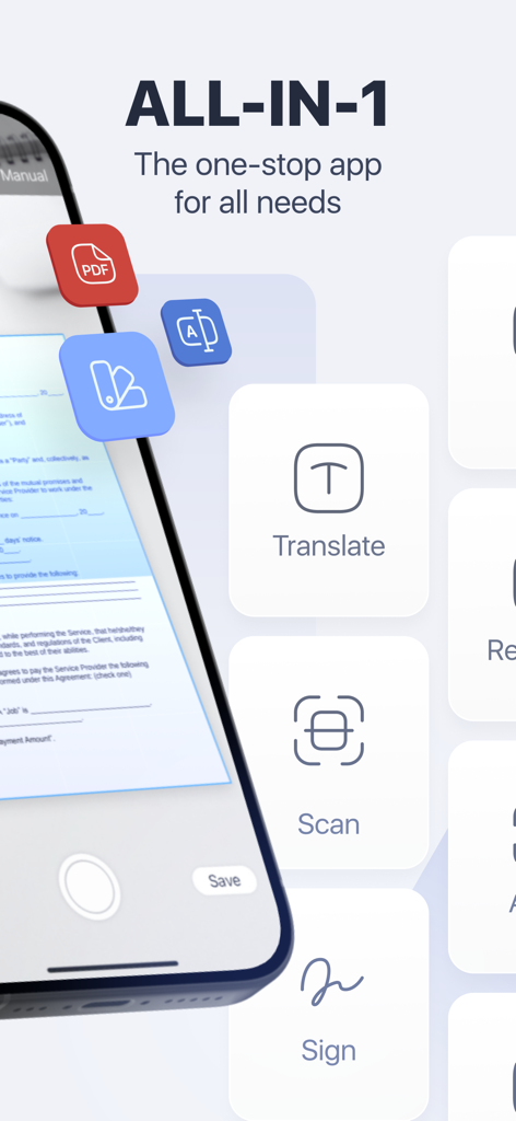 Scan Pro PDF: Document Scanner - Scan Pro PDF app interface showing document scanning, translation, and digital signature features