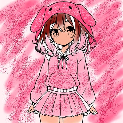 pretty anime girl wearing a fluffy hoodie with bunny ears on the hood and a skirt