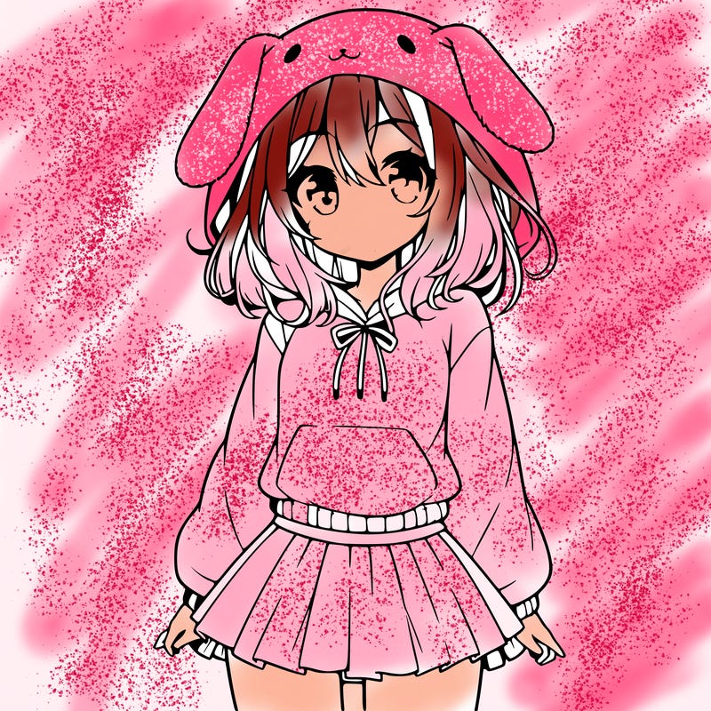pretty anime girl wearing a fluffy hoodie with bunny ears on the hood and a skirt