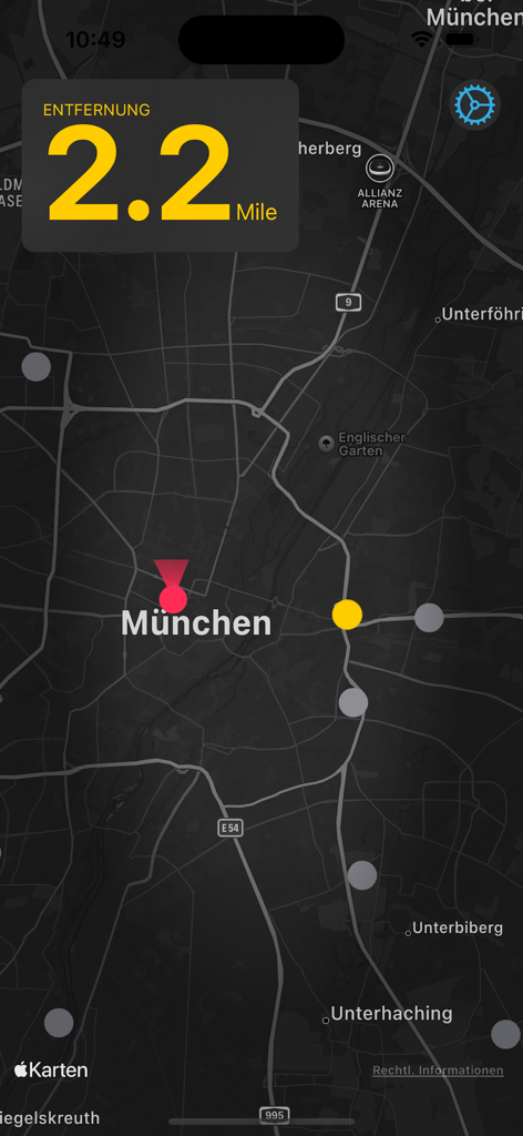 Urbex Radar - Mapa de navegación en modo oscuro en la aplicación Urbex Radar que muestra la distancia y las ubicaciones abandonadas cercanas
