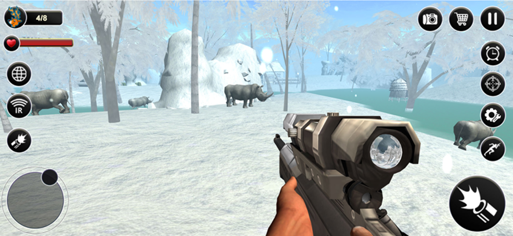 Snake Hunter Sniper 3D - Vista de francotirador en primera persona cazando rinocerontes en un paisaje invernal nevado