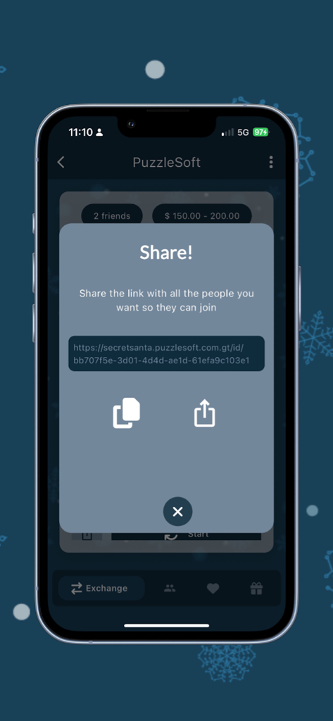 Invisible Friend - Screenshot of the Invisible Friend app share screen showing an invitation link for a Secret Santa gift exchange group.