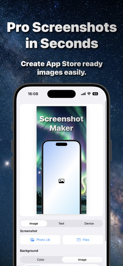 Screenshot Maker - Mockup Pro - Interface of an app for creating professional App Store screenshots with device frames and custom backgrounds