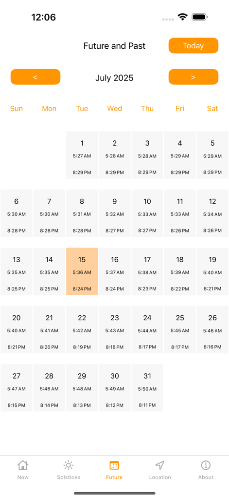 Sunrise Sunset Times - Monthly calendar view showing sunrise and sunset times for each day in the app