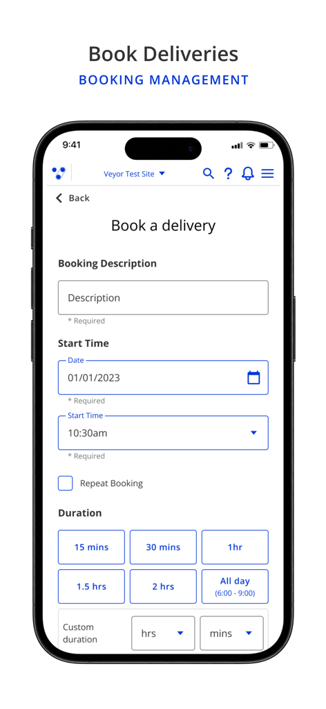 Veyor - Veyor mobile app screen for scheduling and managing construction site deliveries.
