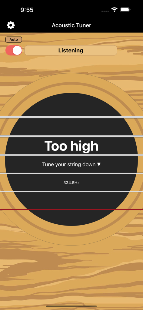 Acoustic Tuner - Acoustic Tuner app interface showing instructions to tune a guitar string down.