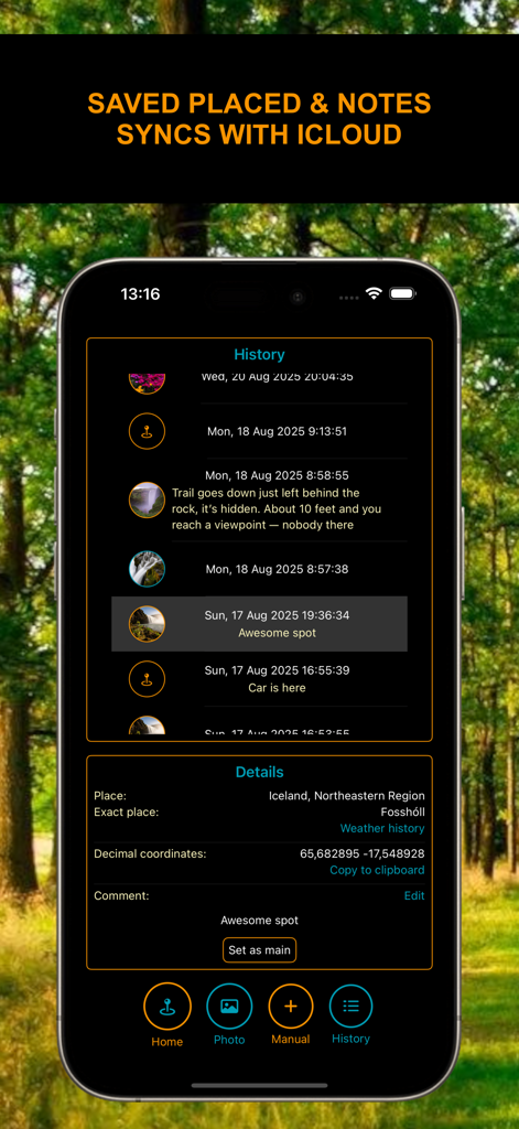 Where2Go: GPS Photo Compass - Schermata della cronologia dell'app Where2Go che mostra posizioni GPS salvate e note.