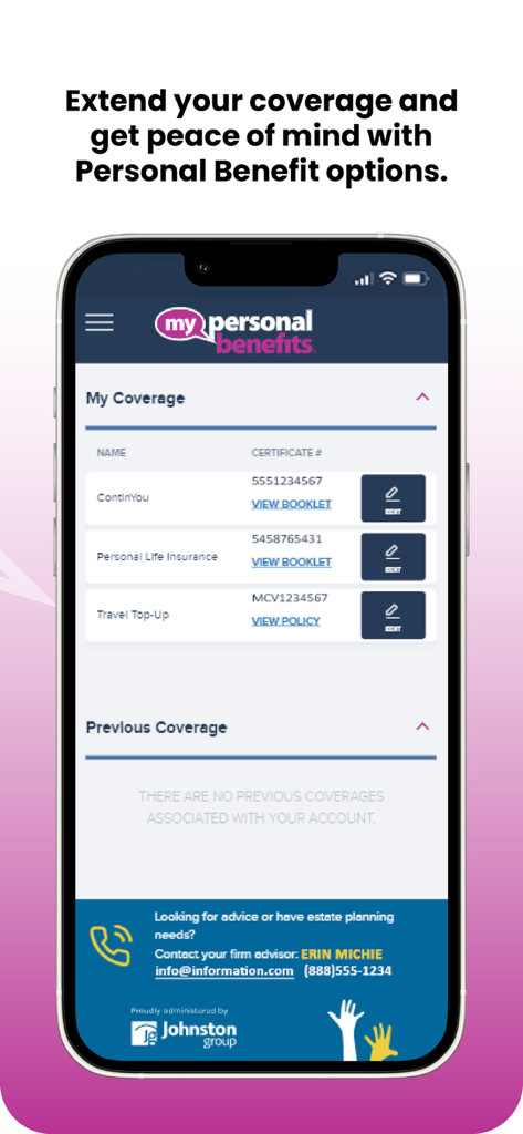 my-benefits - Écran mobile montrant les options de couverture d'assurance personnelle et les détails de la police dans l'application my-benefits