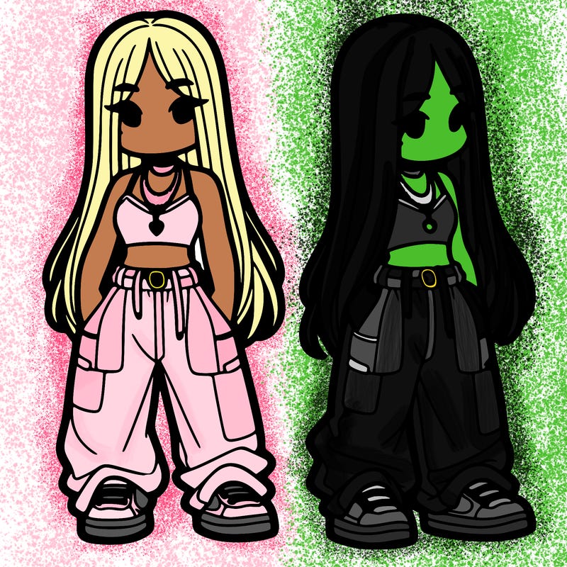 girl in baggy pants crop top and long hair