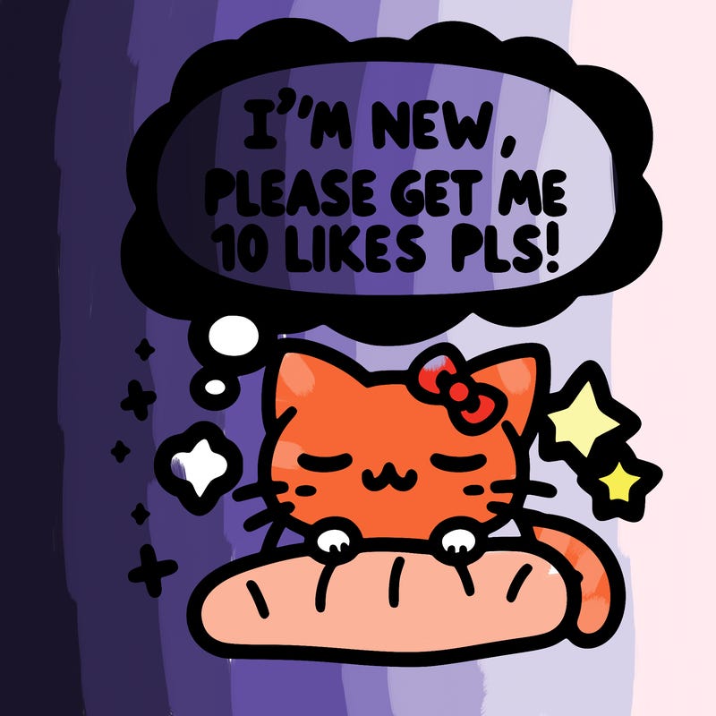 kitty taking a nap dream talking and saying "i'm new, please get me at least 10 likes pls!!"