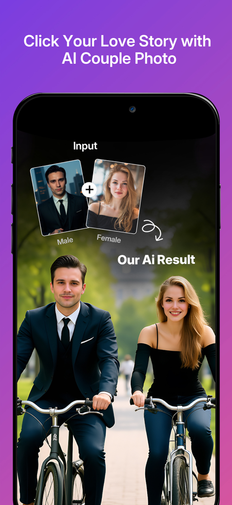 Couple - AI Photo Generator - Captura de pantalla de la aplicación Couple AI Photo Generator que muestra dos fotos individuales transformadas en un retrato romántico de pareja generado por IA de una pareja andando en bicicleta en un parque.