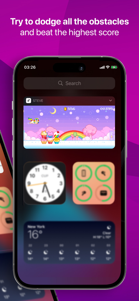 Uno screenshot del gioco widget Steve su un iPhone che mostra il personaggio Nyan Cat saltare ostacoli a forma di cupcake in un paesaggio pixel art.