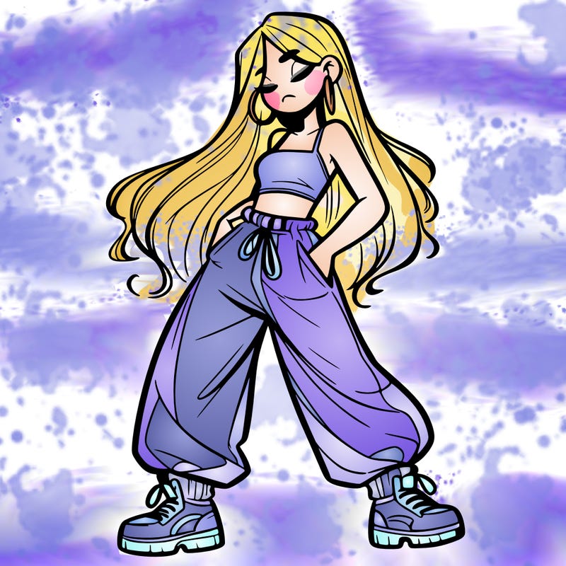 girl in baggy pants crop top and long hair