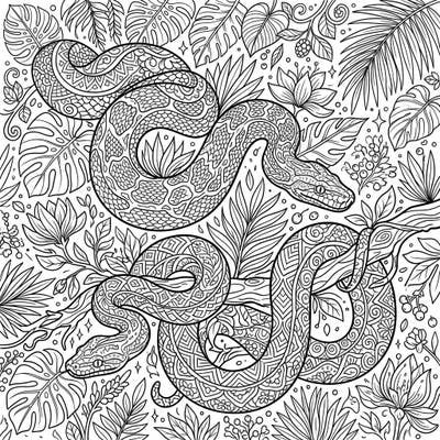 Immerse yourself in a detailed tropical adventure with our constrictor snakes coloring page, designed for teens. Explore the intricate patterns of powerful pythons and lush jungle foliage, promising hours of engaging artistic challenge and relaxation.