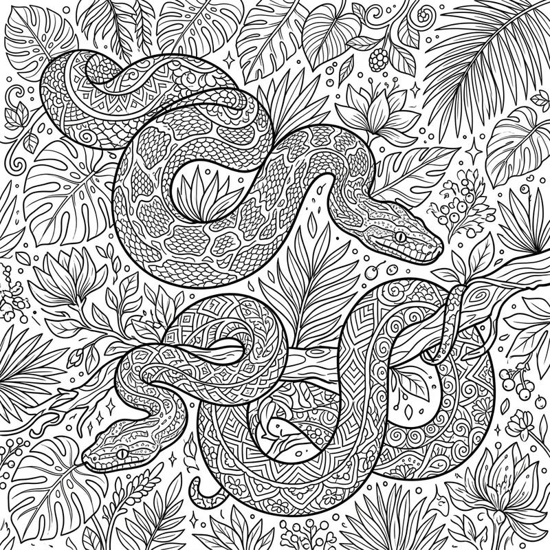 Immerse yourself in a detailed tropical adventure with our constrictor snakes coloring page, designed for teens. Explore the intricate patterns of powerful pythons and lush jungle foliage, promising hours of engaging artistic challenge and relaxation.