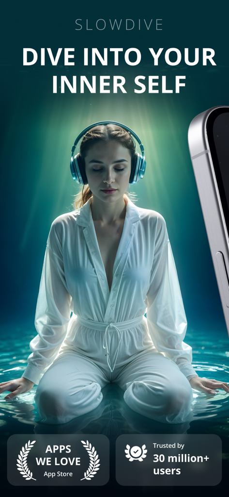 Slowdive | Meditation & Mantra - Slowdive app splash screen showing a woman meditating with headphones while sitting on water.