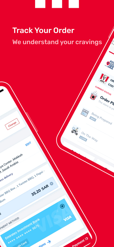 KFC Saudi Arabia - Schermate dell'app KFC Arabia Saudita che mostrano il tracciamento dell'ordine in tempo reale e le opzioni di metodo di pagamento