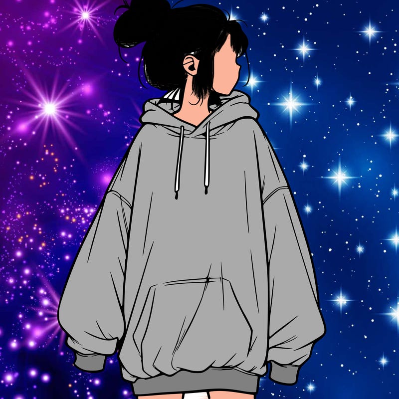realistic girl with a oversized sweatshirt on and a bun