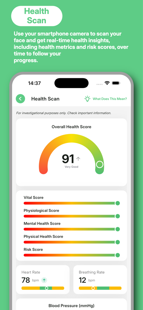 Livio Health - Livio Health app dashboard showing health scan results with an overall health score and vital signs tracking
