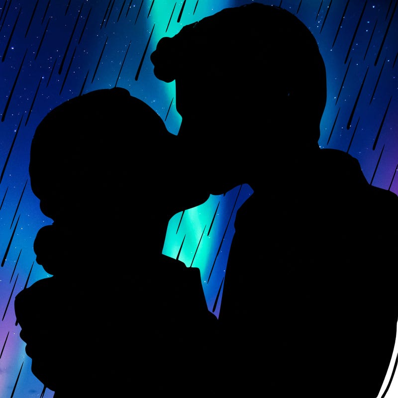 realistic couple in the rain kissing