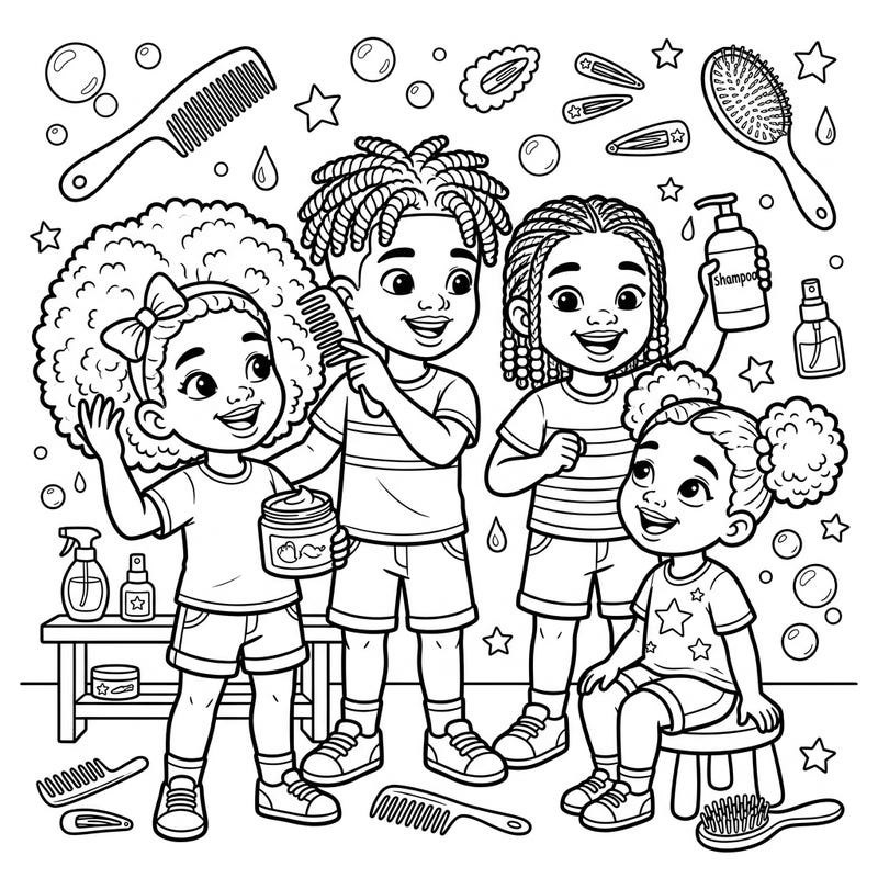Dive into a world of beauty and self-love with this delightful textured haircare coloring page for kids. Featuring happy children celebrating their unique hair, it's perfect for inspiring creativity and positive self-image.