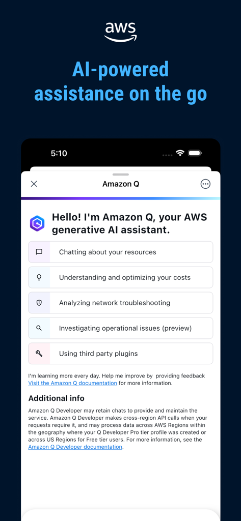 AWS Console Mobile App interface for Amazon Q generative AI assistant