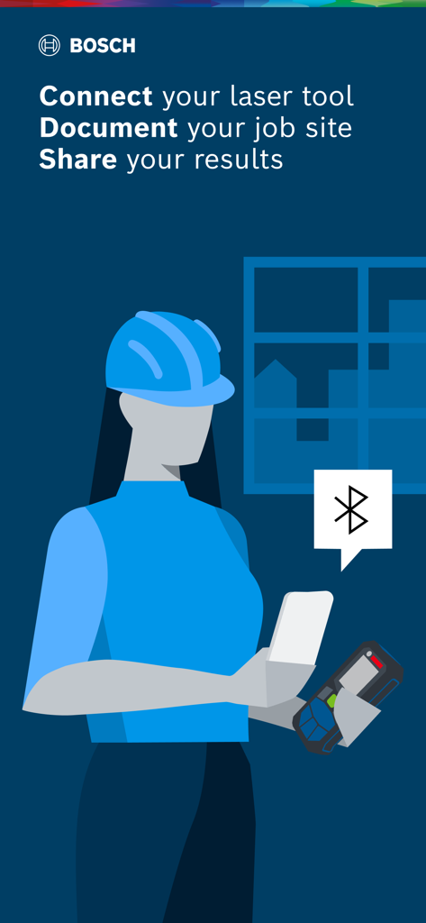A professional using the Bosch MeasureOn app to connect a laser tool via Bluetooth