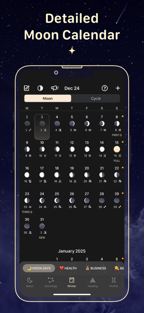 Moon Calendar — MoonX - MoonXアプリの詳細な月間月の暦、月の満ち欠けと星座が表示されています