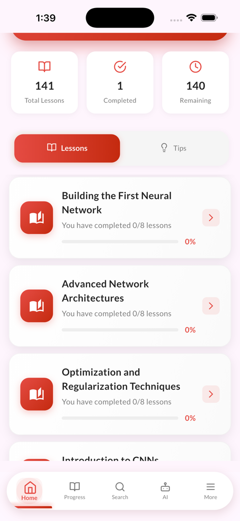 Learn Deep Learning with Ai - L'écran d'accueil de l'application Learn Deep Learning affiche la progression du cours et les modules de leçons pour les réseaux neuronaux