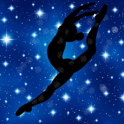 gymnast doing a leap in a leotard with a bent back leg