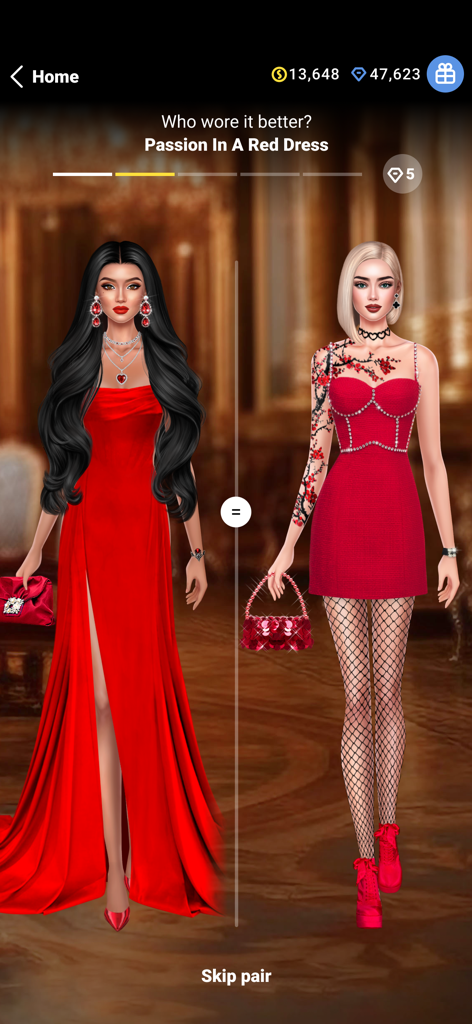 SUITSME: Dress Up Fashion Game - A fashion battle screen in the SUITSME app showing two models in red dresses for a voting challenge.
