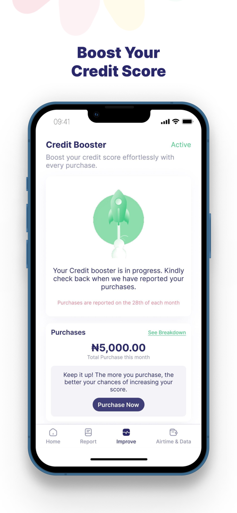 Pebblescore - PebbleScore mobile app screen displaying the credit booster feature and transaction tracking to improve credit scores.
