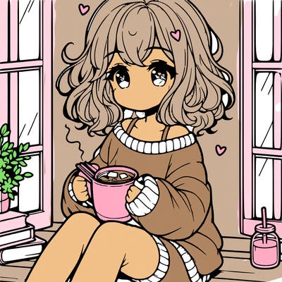 cute anime girl reading book and drinking hot chocolate from mug with loose wavy hair wearing a baggy sweatshirt and shorts sitting by windowsill looking out