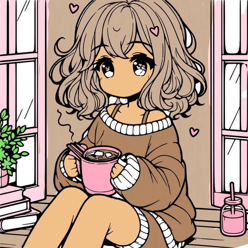 cute anime girl reading book and drinking hot chocolate from mug with loose wavy hair wearing a baggy sweatshirt and shorts sitting by windowsill looking out
