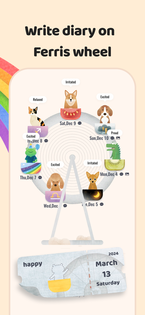 mooding - diary, mood & notes - Whimsical Ferris wheel interface in the Mooding app showing daily mood entries with cute animal avatars and a digital diary ticket.