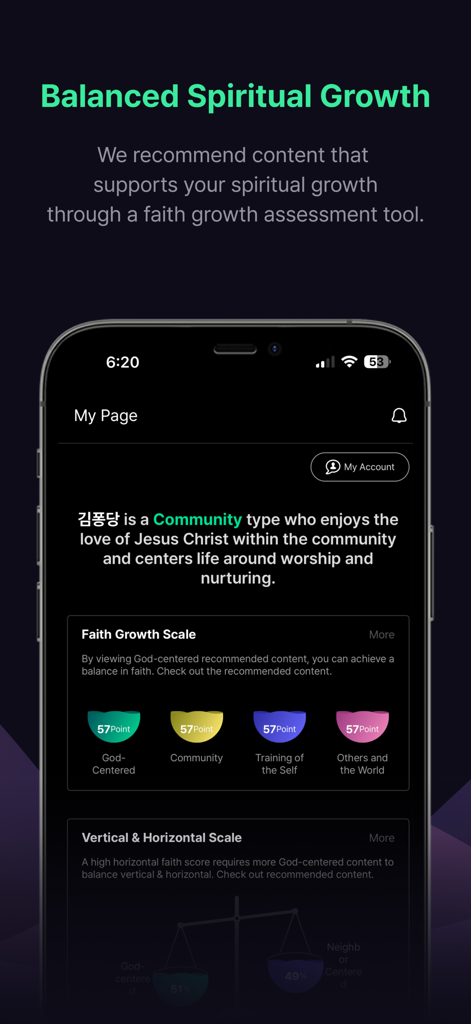 Fondant - 퐁당 - Fondant app screenshot showing the faith growth assessment tool with points for spiritual development categories