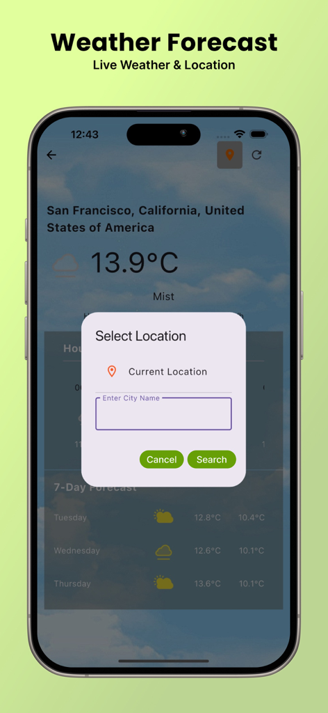 Écran des prévisions météo de l'application navigateur Savefrom avec une fenêtre contextuelle de recherche de localisation.