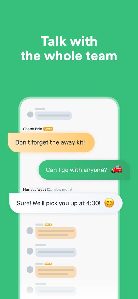 Heja - Heja app team messaging screen showing a coach and a parent coordinating logistics for a game