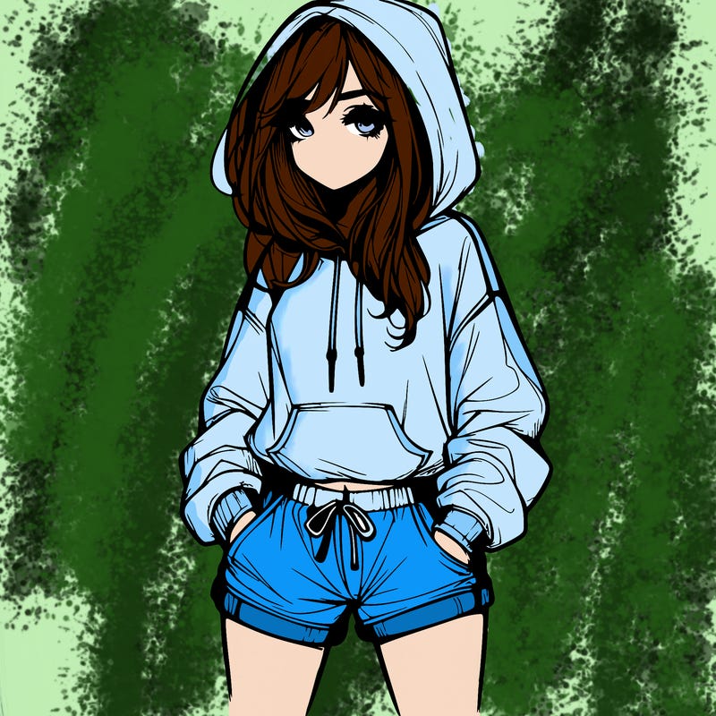 realistic girl in shorts and hoodie