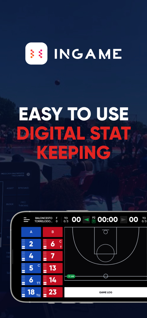 InGame by NBN23 - Interfaz de la aplicación InGame que muestra anotación digital de estadísticas de baloncesto y pizarra de anotación en un teléfono inteligente