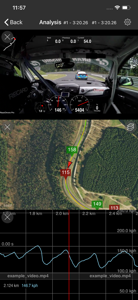 Vue d'analyse de RaceChrono Pro montrant une vidéo de course synchronisée, la carte du circuit et les données de télémétrie