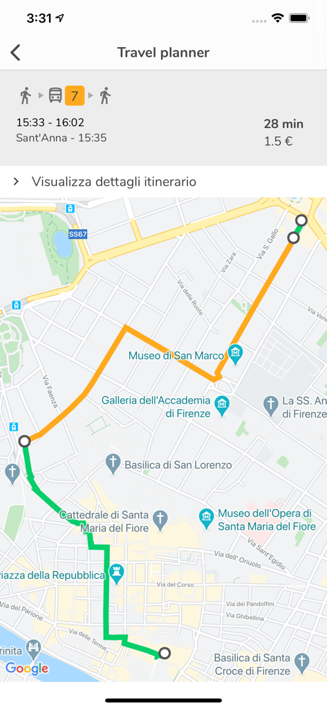 Interfaz del planificador de viajes que muestra una ruta en autobús y a pie en un mapa de Florencia