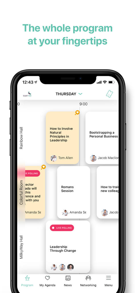 Smartphone screen showing the Eventee app with a detailed conference program schedule