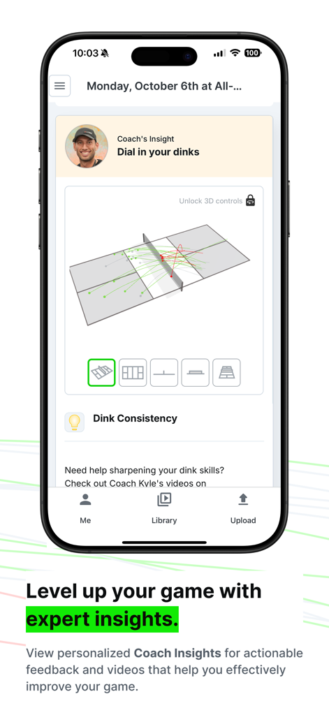Screenshot dell'app PB Vision che mostra insight personalizzati del coach e visualizzazione 3D della costanza dei colpi dink nel pickleball.