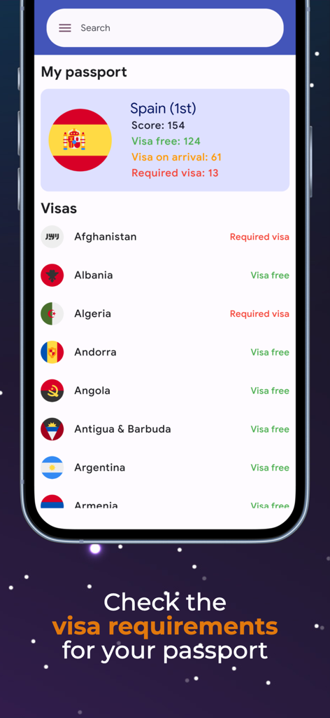 Interfaz de aplicación móvil mostrando los requisitos de visa de pasaporte para varios países según la nacionalidad.