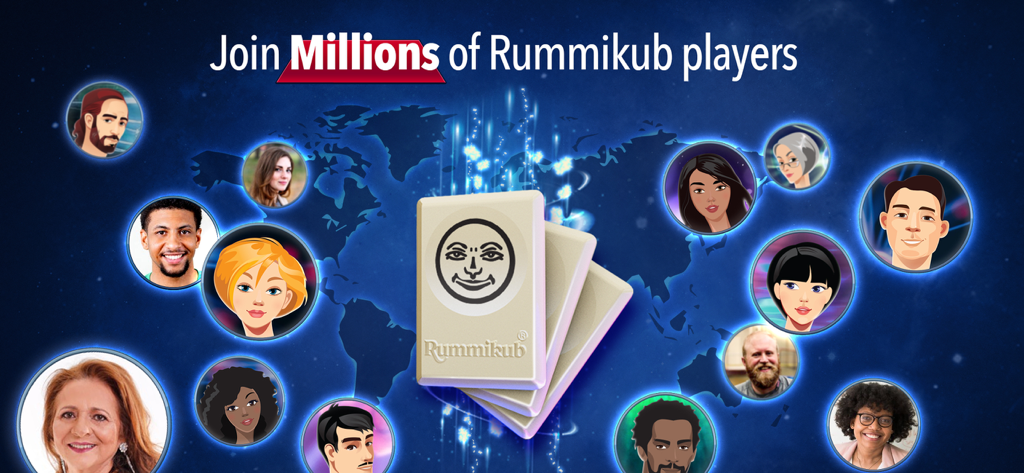Rummikub® - World map background featuring diverse player avatars and official Rummikub tiles promoting the global online community.