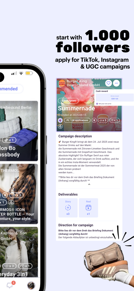 Refluenced - Refluenced App-Oberfläche, die eine Burger King-Kampagne für Creators mit über tausend Followern zeigt, einschließlich Bargeldprämien und Inhaltsanforderungen.