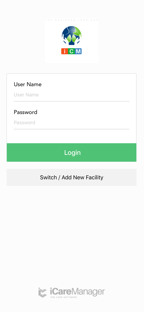 iCareManager app login page with user name and password fields