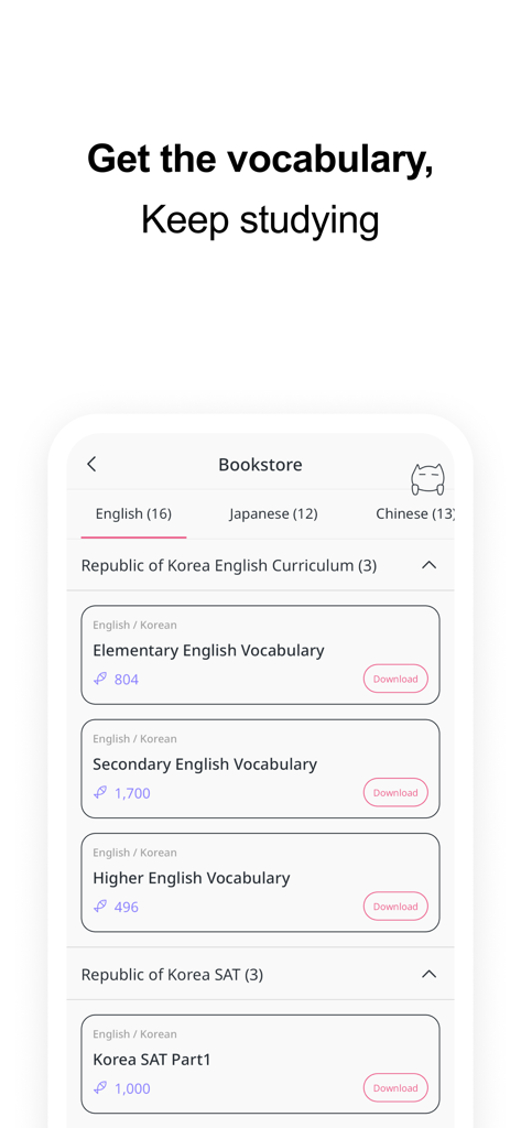 VoCat app Bookstore screen showing downloadable vocabulary lists for English, Japanese, and Chinese curricula