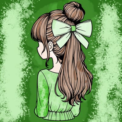 realistic girl  with hip length hair a bun and a big bow on the back of head